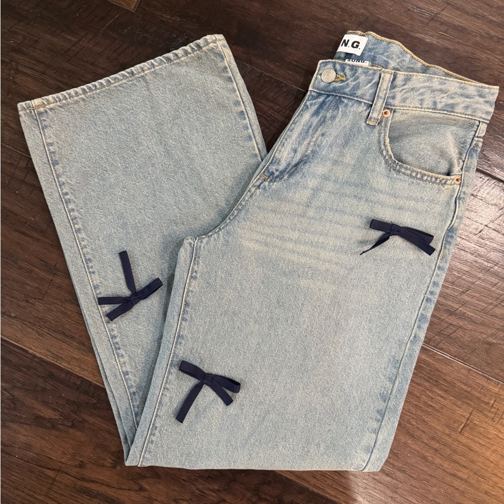 Song Navy Blue Ribbon Mid Rise Wide Leg Jeans Size 7/28 NWOT Bows Y2K